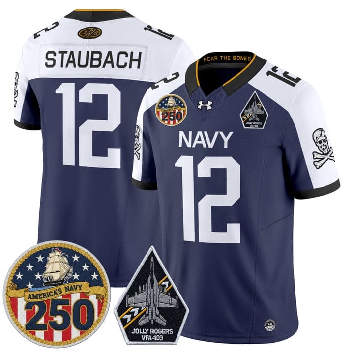 Roger Staubach Jersey #12 Navy Midshipmen Jolly Rogers 250th Patch Stitched - Image 5