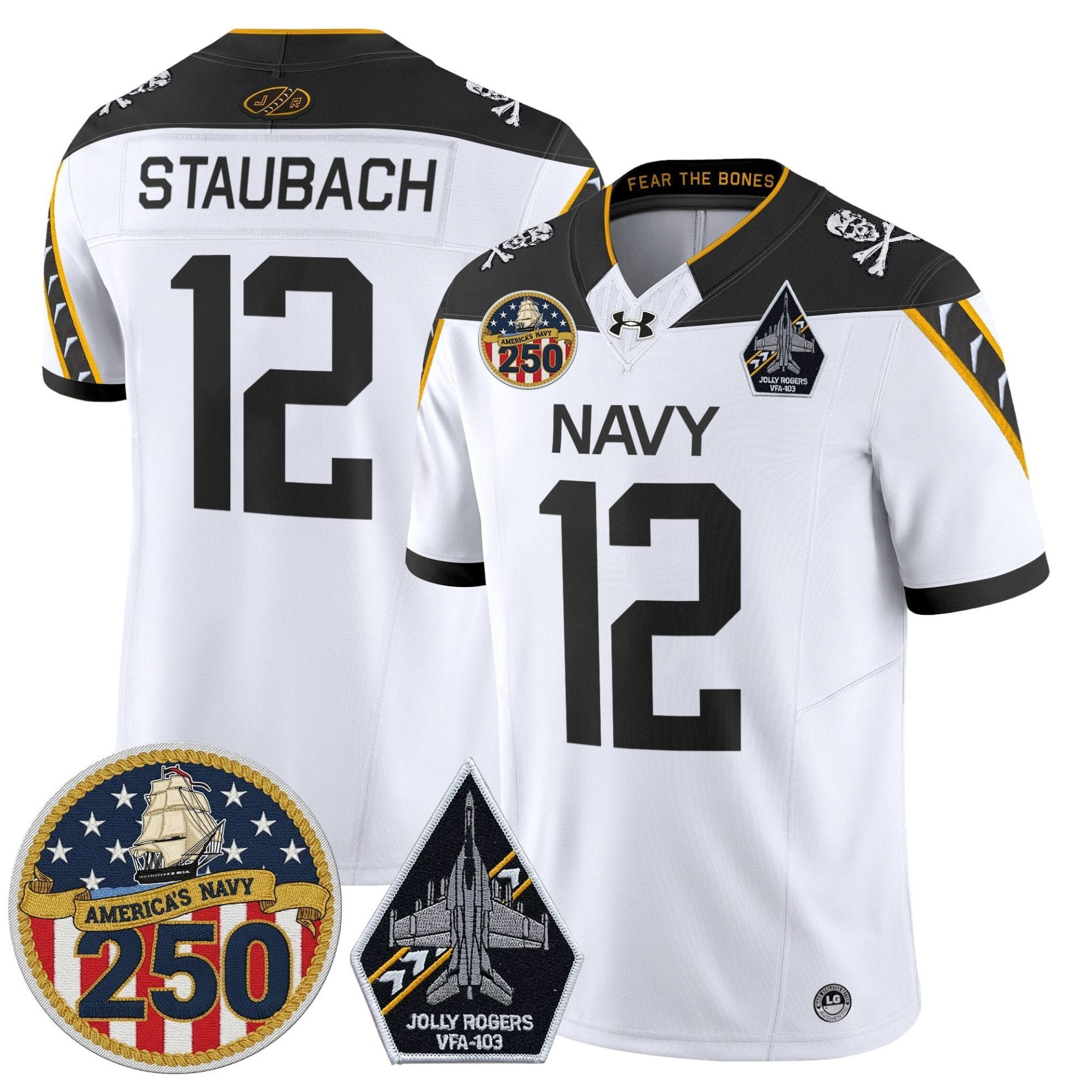 Roger Staubach Jersey #12 Navy Midshipmen Jolly Rogers 250th Patch Stitched - Image 3