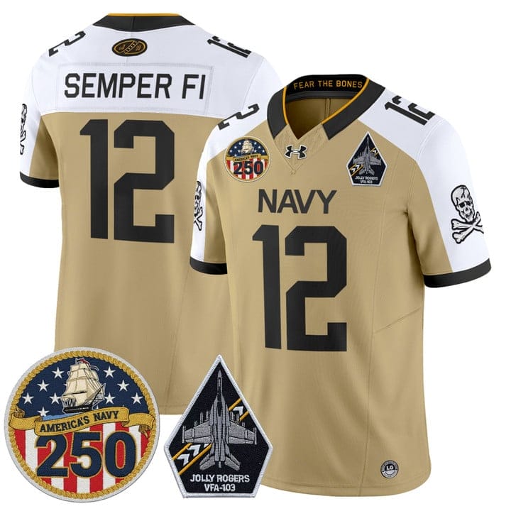Alternative view of Semper Fi Jersey #12 Navy Midshipmen Jolly Rogers 250th Patch Stitched