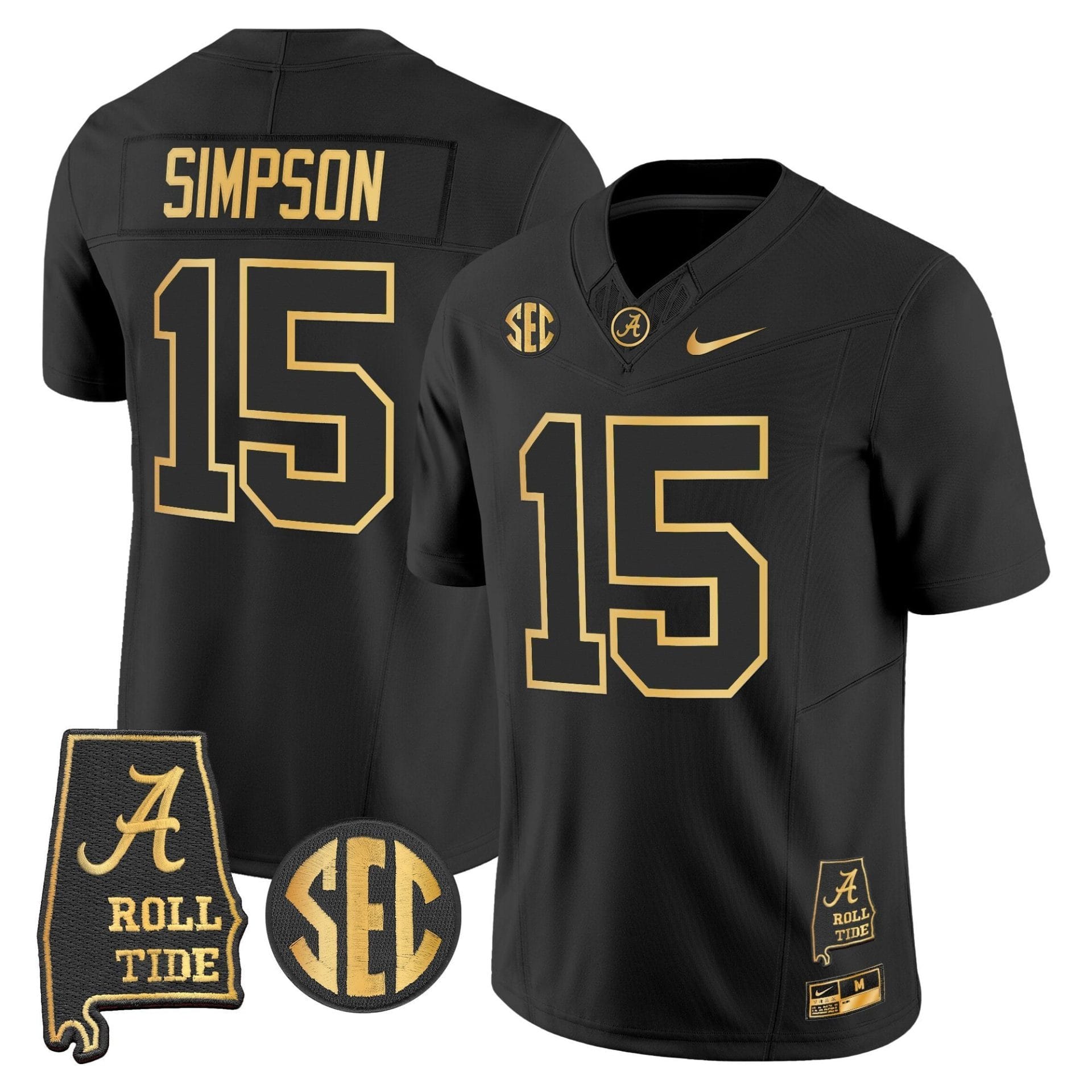 Alternative view of Ty Simpson Jersey #15 Alabama Crimson Tide 2025 Gold Vapor Stitched