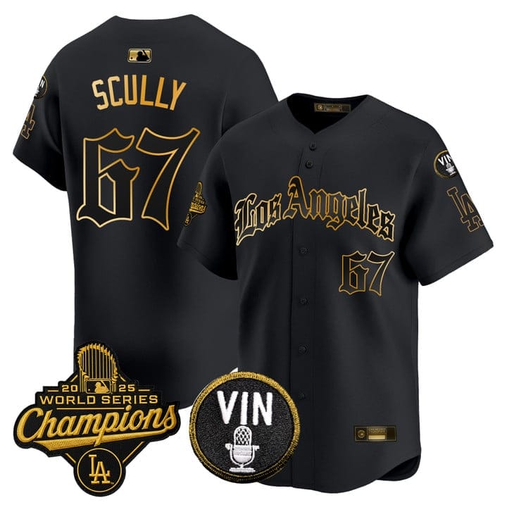 Alternative view of Vin Scully Jersey #67 Dodgers 2025 World Series Champions LA Gothic