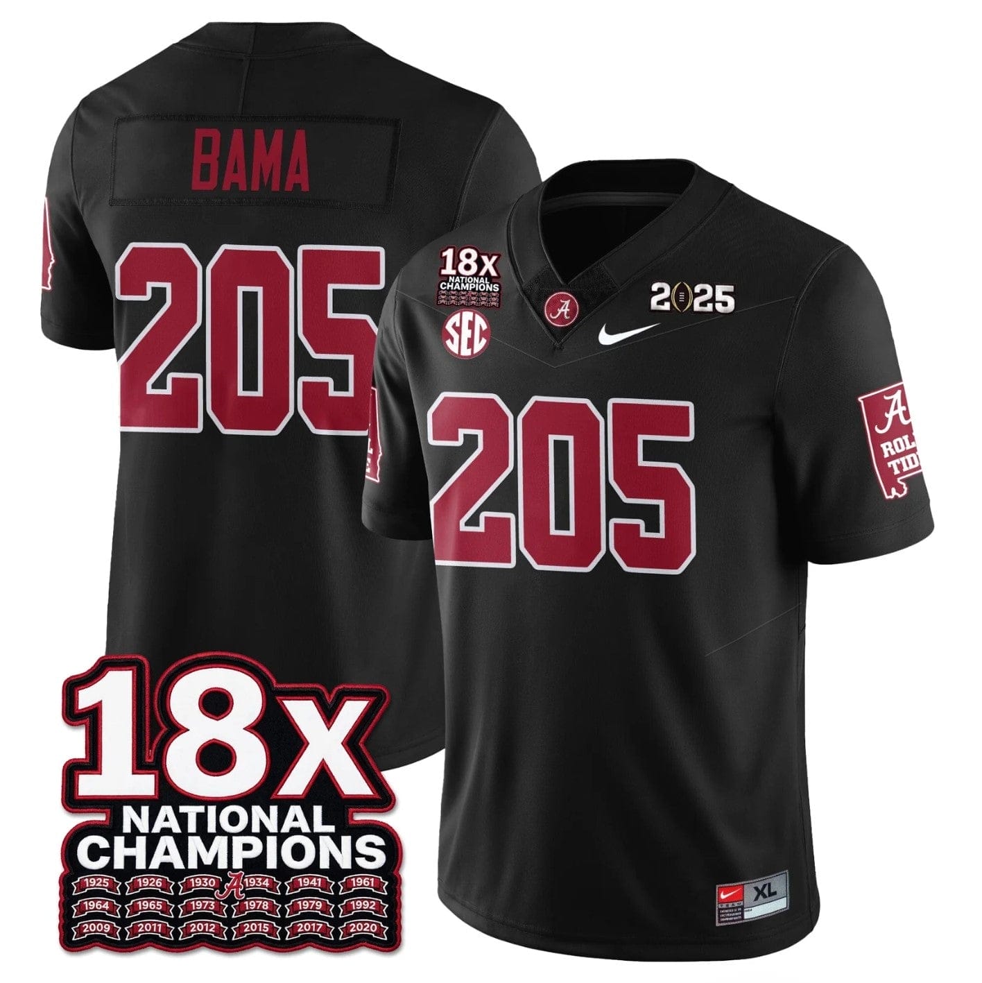 Alternative view of Bama Jersey #205 Alabama Crimson 18x-Time National Champions Stitched