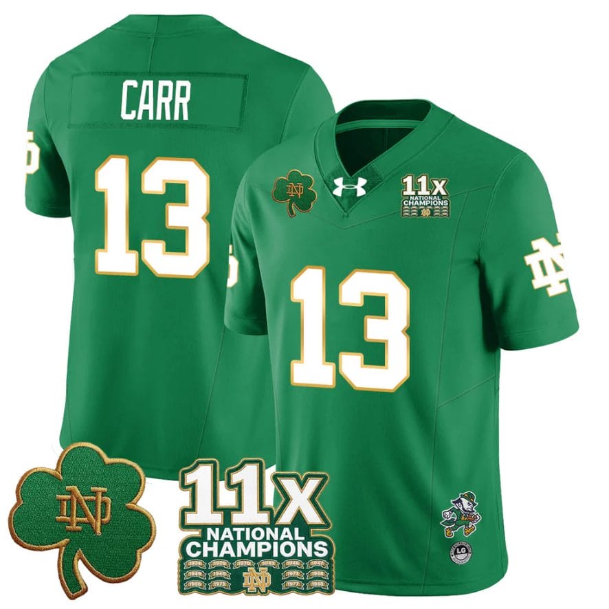 Alternative view of CJ Carr Jersey #13 Notre Dame 11x-Time National Champions Stitched