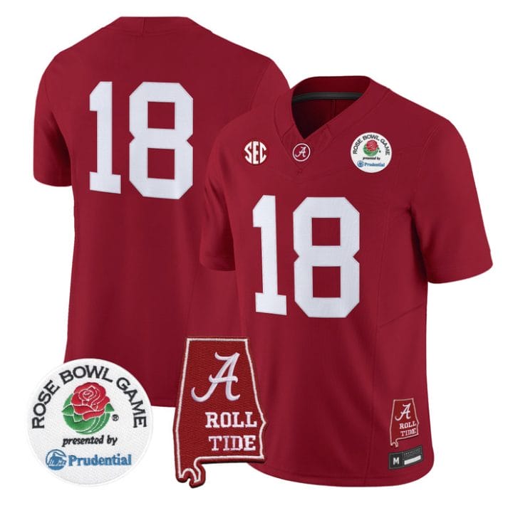Crimson Jersey #18 Alabama Crimson Tide 2026 Rose Bowl Patch Stitched - Image 4