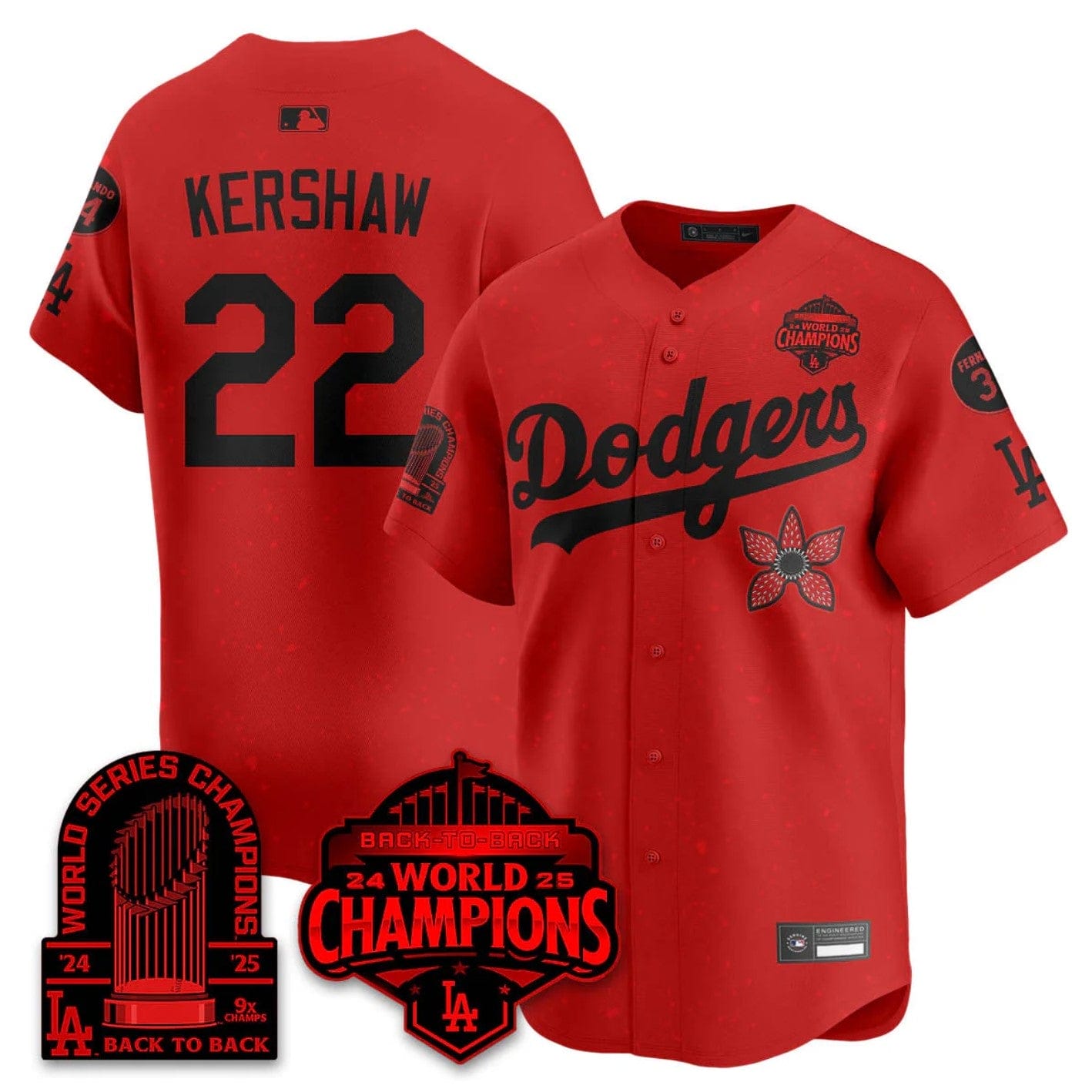 Alternative view of Clayton Kershaw Jersey #22 Dodgers 2025 Champions Stranger Things 9x Champs Stitched