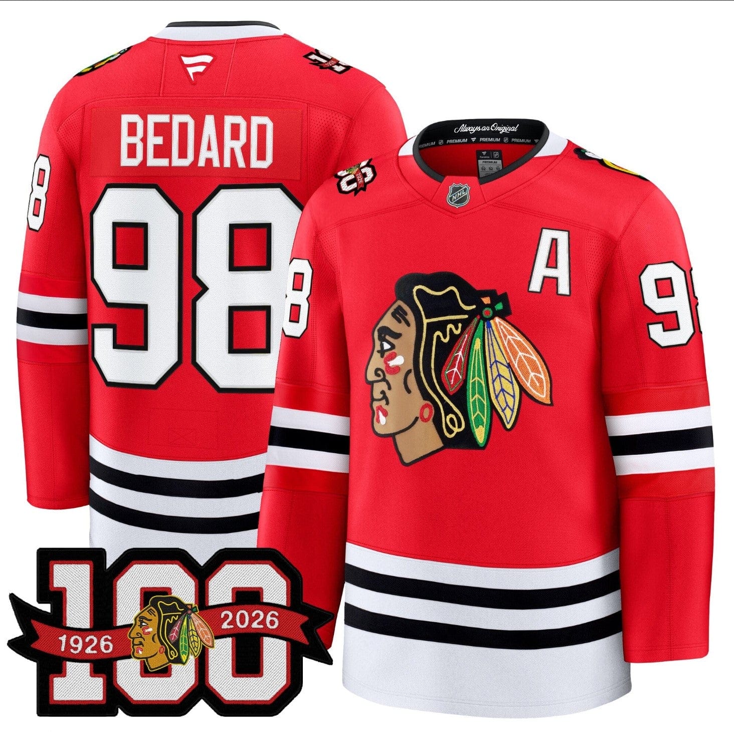 Alternative view of Connor Bedard Jersey #98 Chicago Blackhawks 2025-26 Premium 100th Stitched