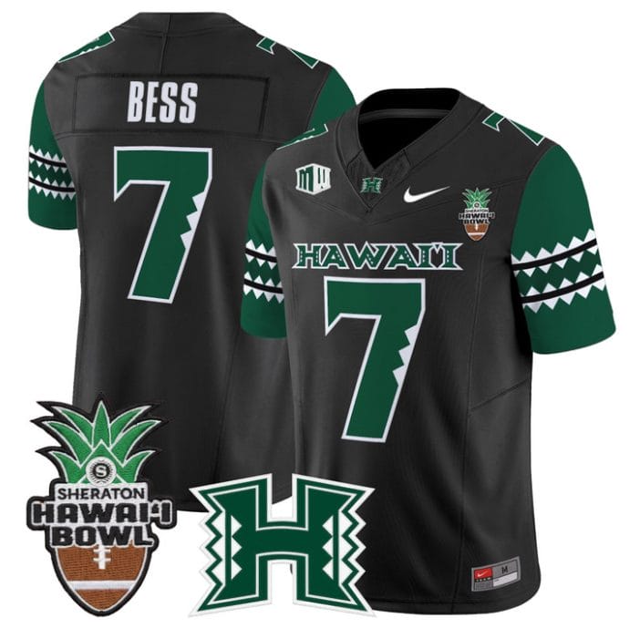 Alternative view of Davone Bess Jersey #7 Hawai'i Rainbow 2025 Hawai'i Bowl Stitched