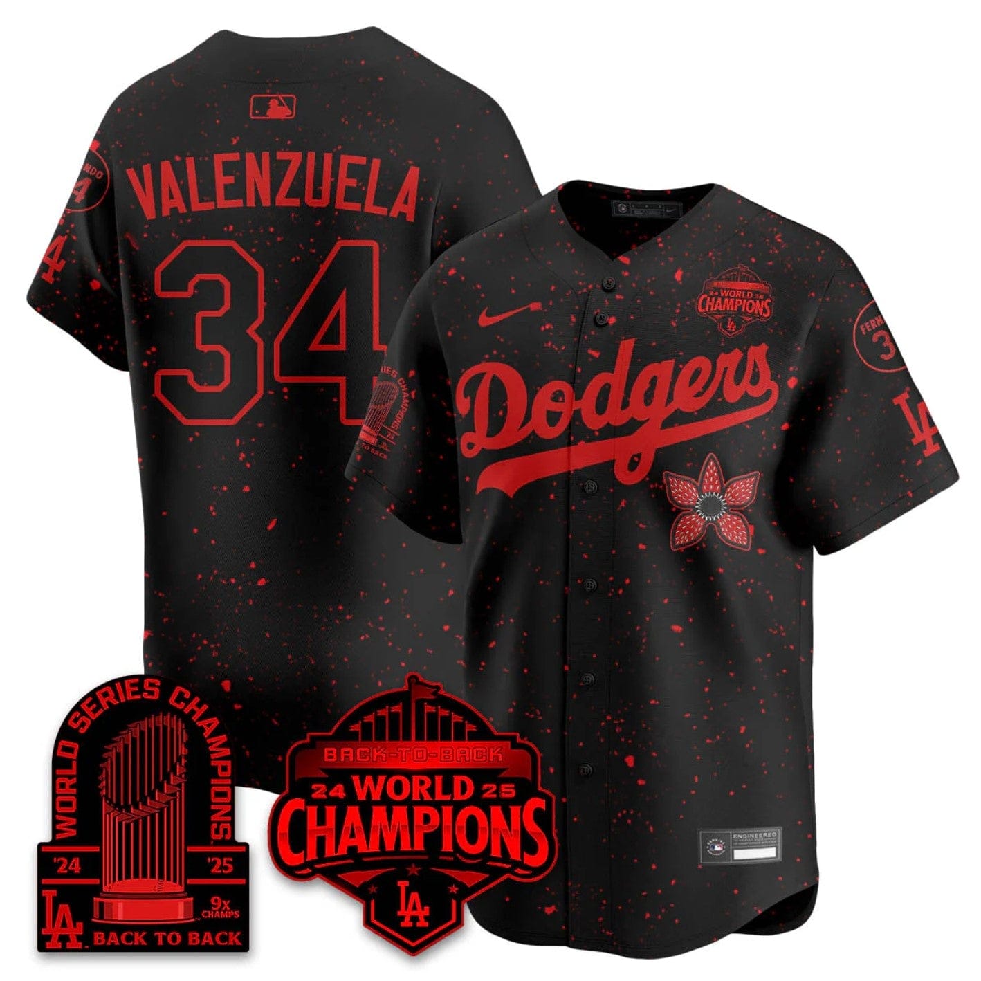 Fernando Valenzuela Jersey #34 Dodgers 2025 Champions Stranger Things 9x Champs Stitched