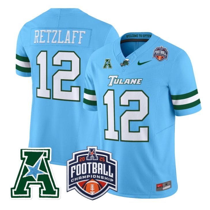 Alternative view of Jake Retzlaff Jersey #12 Tulane Green Wave 2025 AAC Championship Stitched