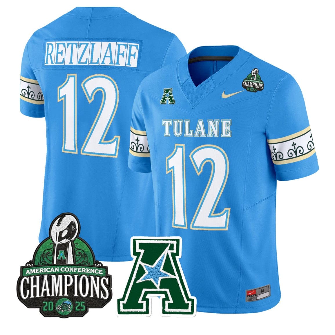 Alternative view of Jake Retzlaff Jersey #12 Tulane Green Wave City Edition 2025 AAC Champions