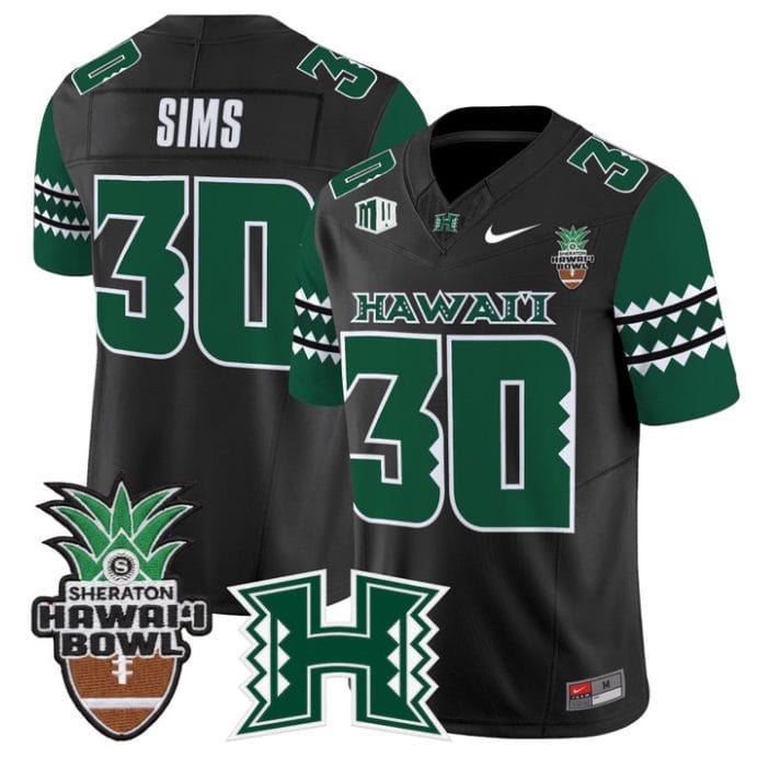 Alternative view of Landon Sims Jersey #30 Hawai'i Rainbow 2025 Hawai'i Bowl Stitched