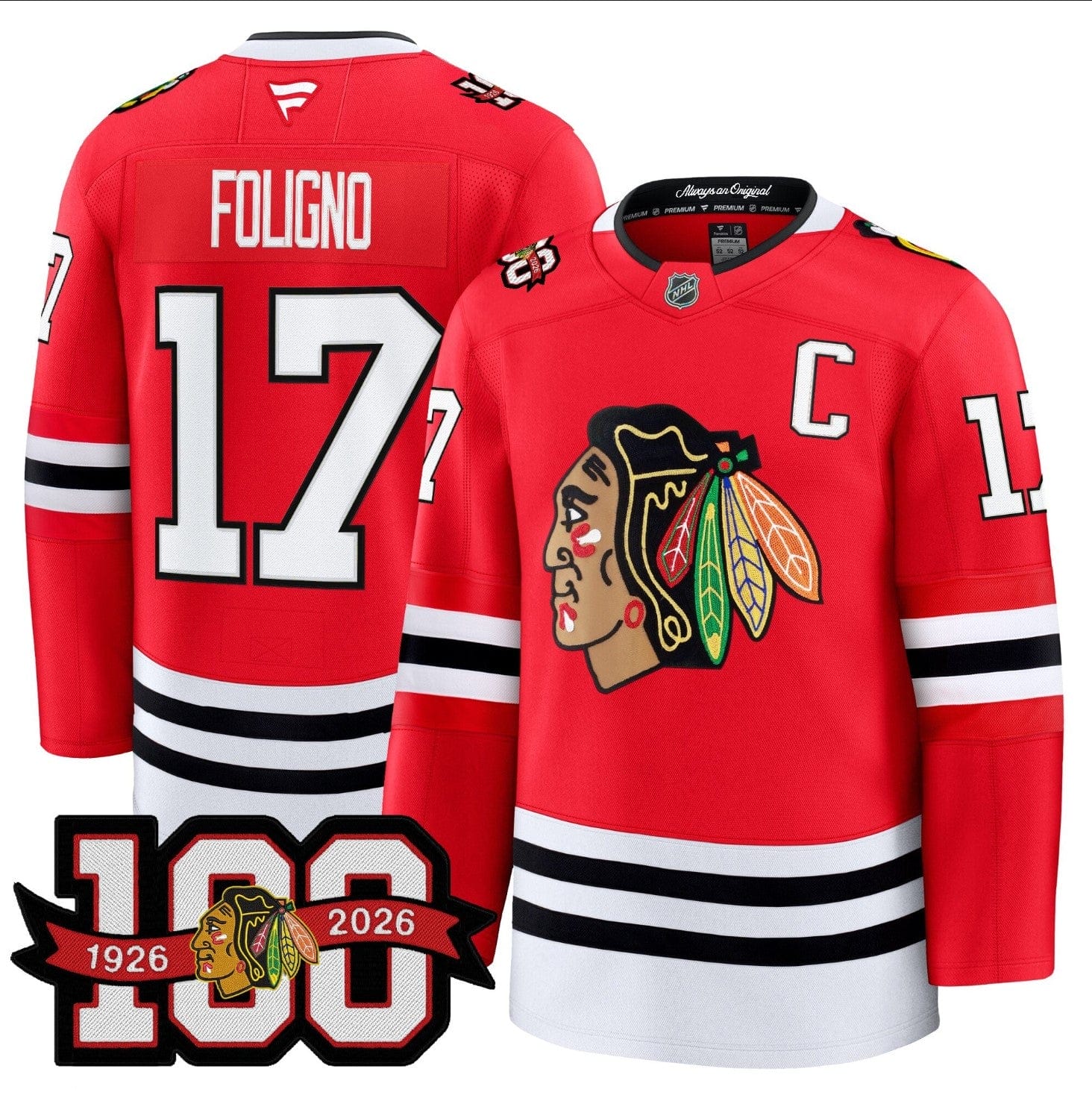 Alternative view of Nick Foligno Jersey #17 Chicago Blackhawks 2025-26 Premium 100th Stitched