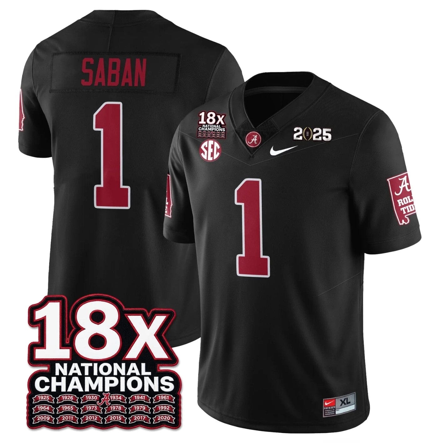 Alternative view of Nick Saban Jersey #1 Alabama Crimson 18x-Time National Champions Stitched