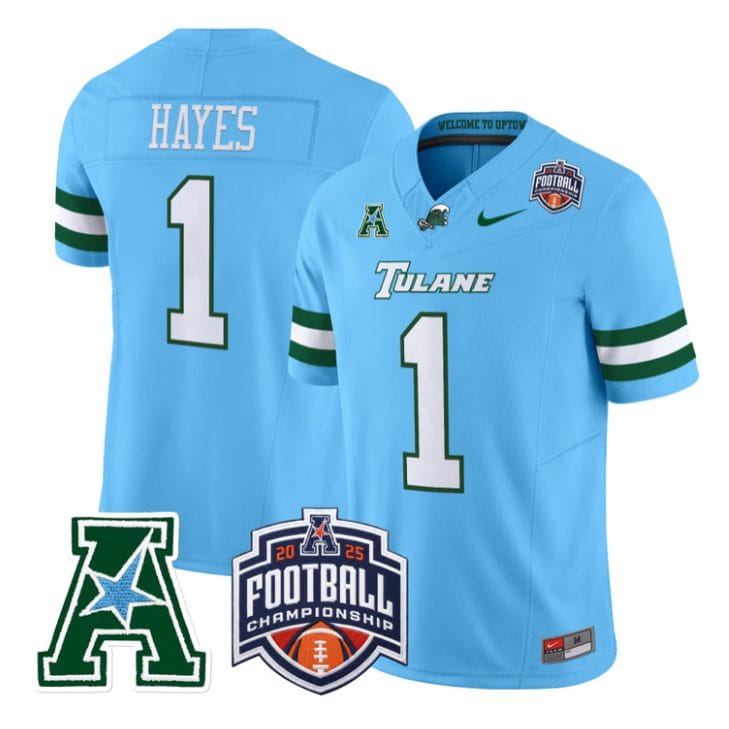 Alternative view of Omari Hayes Jersey #1 Tulane Green Wave 2025 AAC Championship Stitched