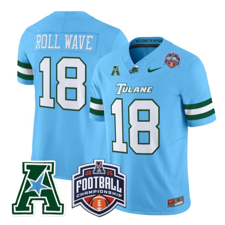 Alternative view of Roll Wave Jersey #18 Tulane Green Wave 2025 AAC Championship Stitched