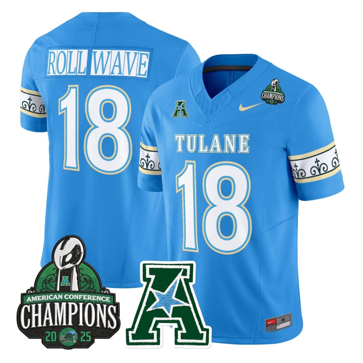 Alternative view of Roll Wave Jersey #18 Tulane Green Wave City Edition 2025 AAC Champions