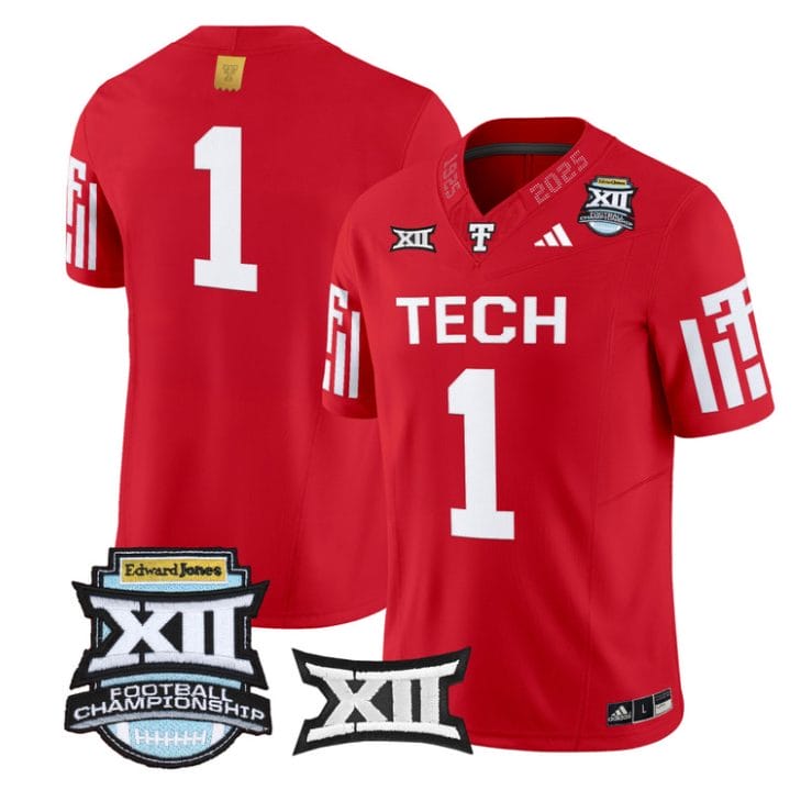Alternative view of Team Jersey #1 Texas Tech Red Raiders 2025 Big 12 Championship Stitched