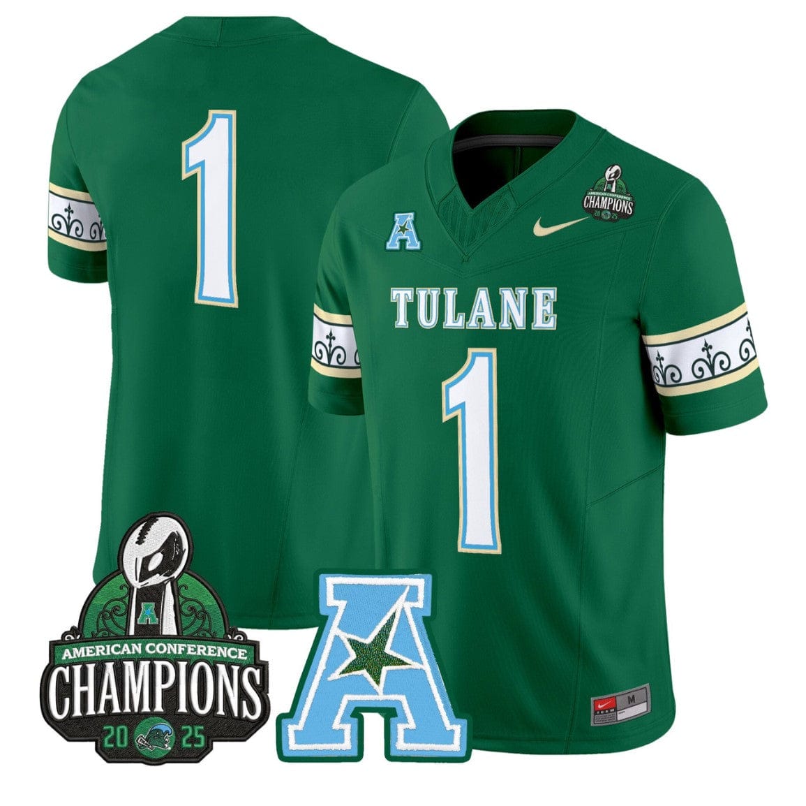 Team Jersey #1 Tulane Green Wave City Edition 2025 AAC Champions Stitched - Image 3
