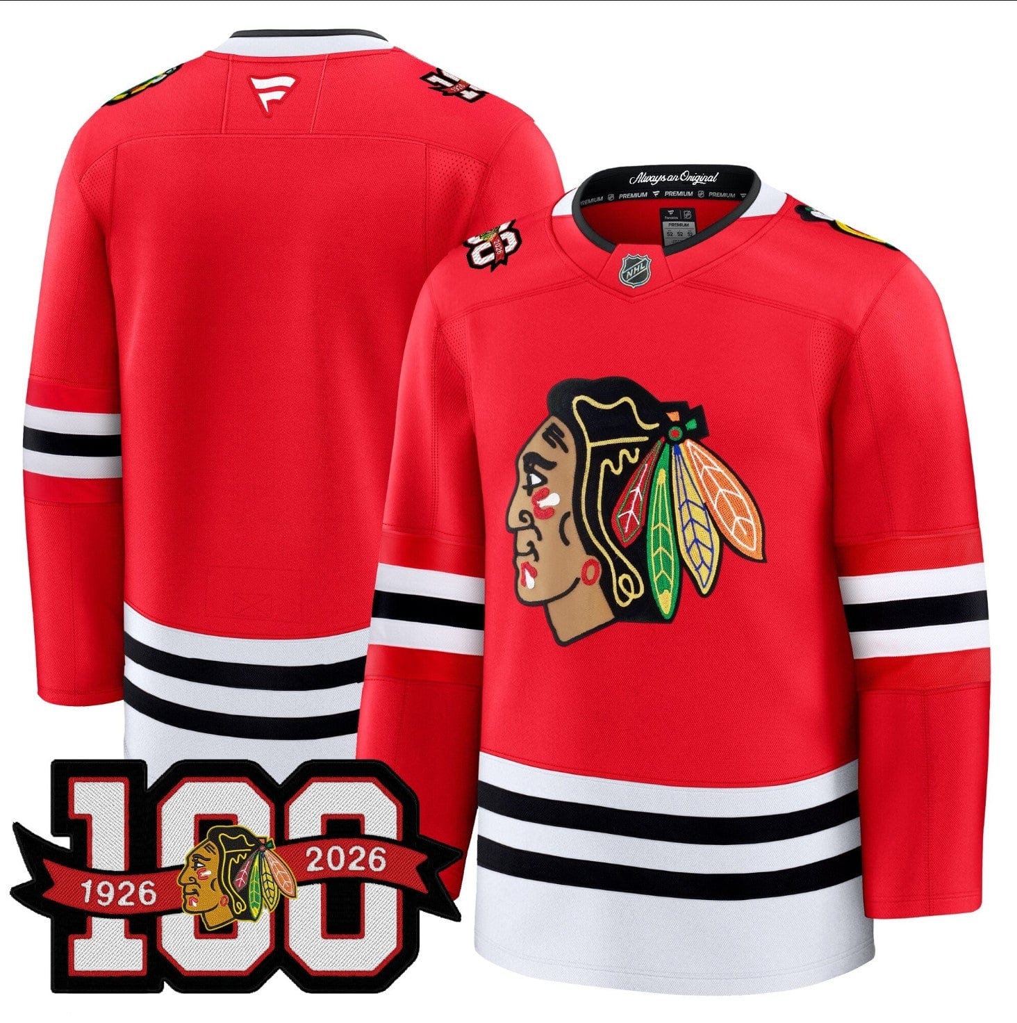 Alternative view of Team Jersey Chicago Blackhawks 2025-26 Premium 100th Patch Stitched