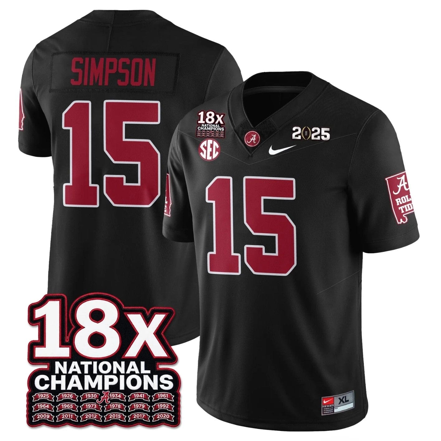 Alternative view of Ty Simpson Jersey #15 Alabama Crimson 18x-Time National Champions Stitched