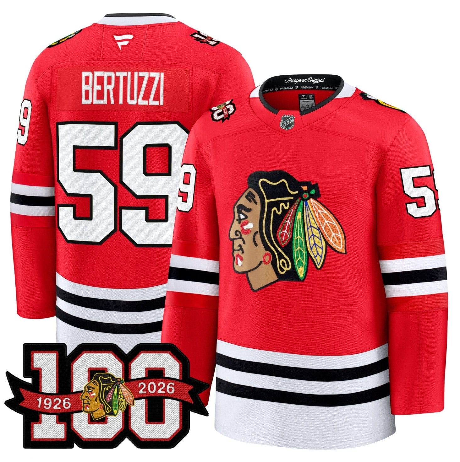 Alternative view of Tyler Bertuzzi Jersey #59 Chicago Blackhawks 2025-26 Premium 100th Stitched