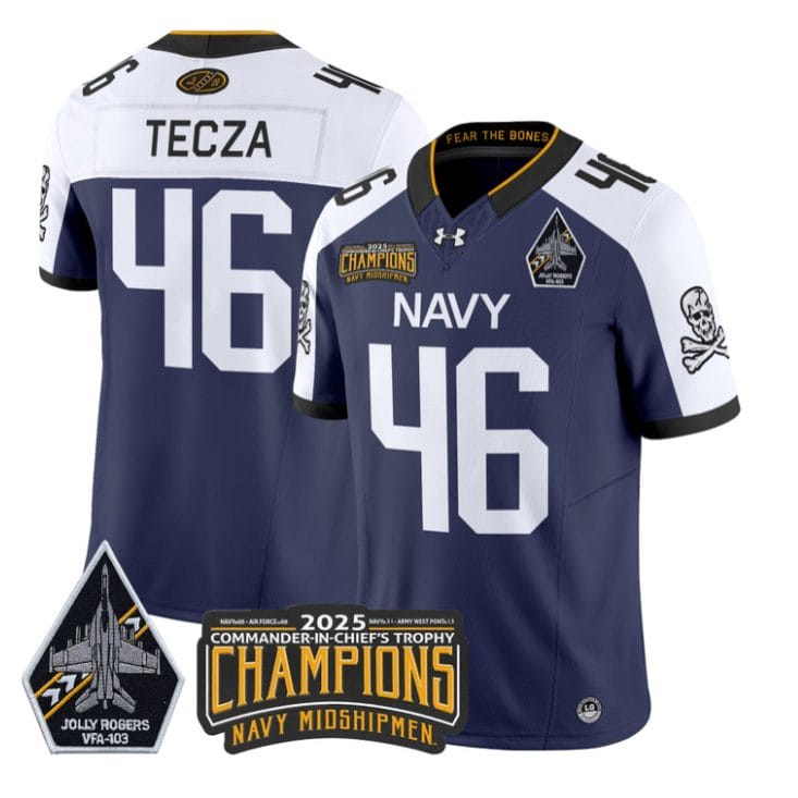 Alex Tecza Jersey #46 Navy Midshipmen Jolly Rogers 2025 Trophy Stitched Navy Alternate