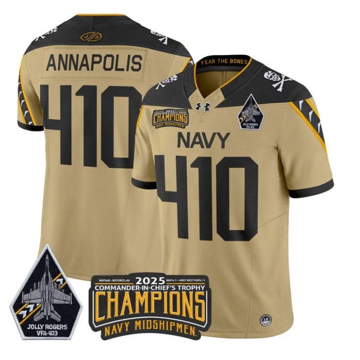 Annapolis Jersey #410 Navy Midshipmen Jolly Rogers 2025 Trophy Stitched Gold