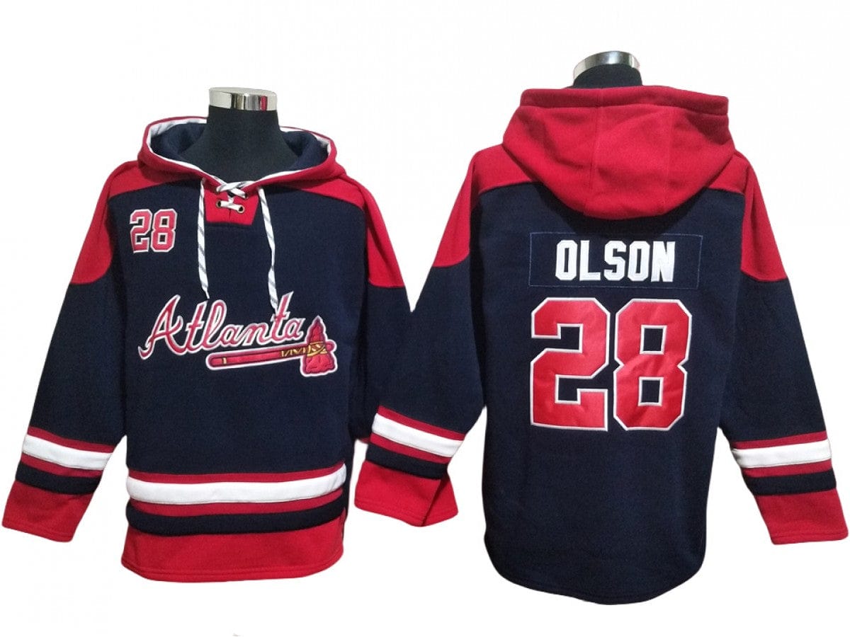 Atlanta Braves #28 Matt Olson Navy Ageless Must-Have Lace-Up Pullover Hoodie
