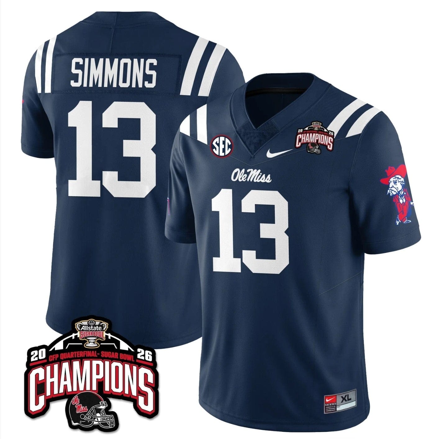 Alternative view of Austin Simmons Jersey #13 Ole Miss Sugar Bowl Champions Patch Stitched