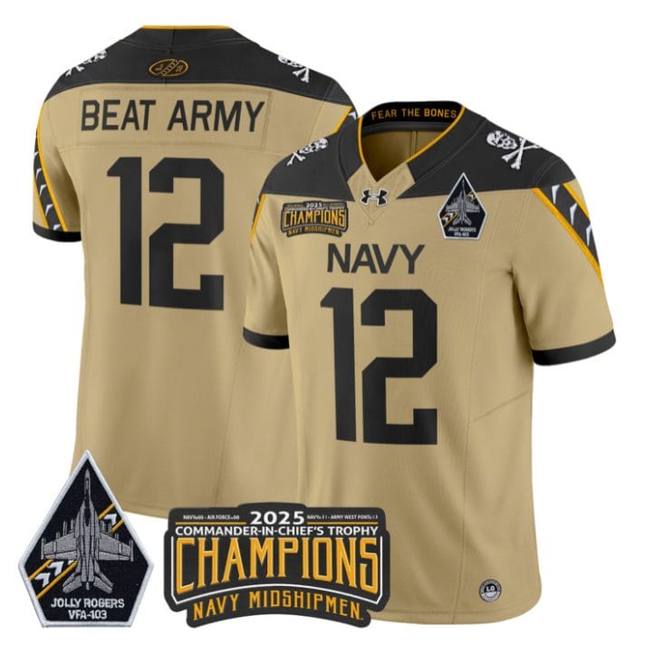 Beat Army Jersey #12 Navy Midshipmen Jolly Rogers 2025 Trophy Stitched Gold