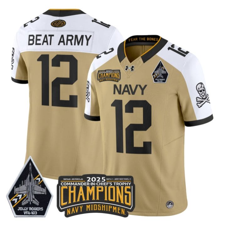 Beat Army Jersey #12 Navy Midshipmen Jolly Rogers 2025 Trophy Stitched Gold Alternate