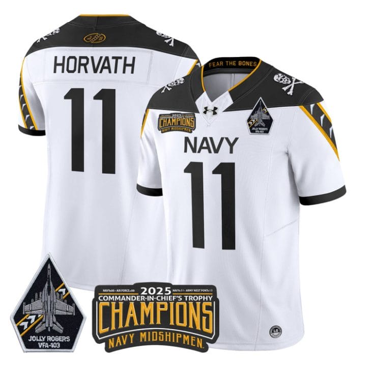 Blake Horvath Jersey #11 Navy Midshipmen Jolly Rogers 2025 Trophy White