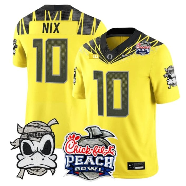 Bo Nix Jersey #10 Oregon Ducks Mummy Duck 2026 Peach Bowl Stitched Yellow