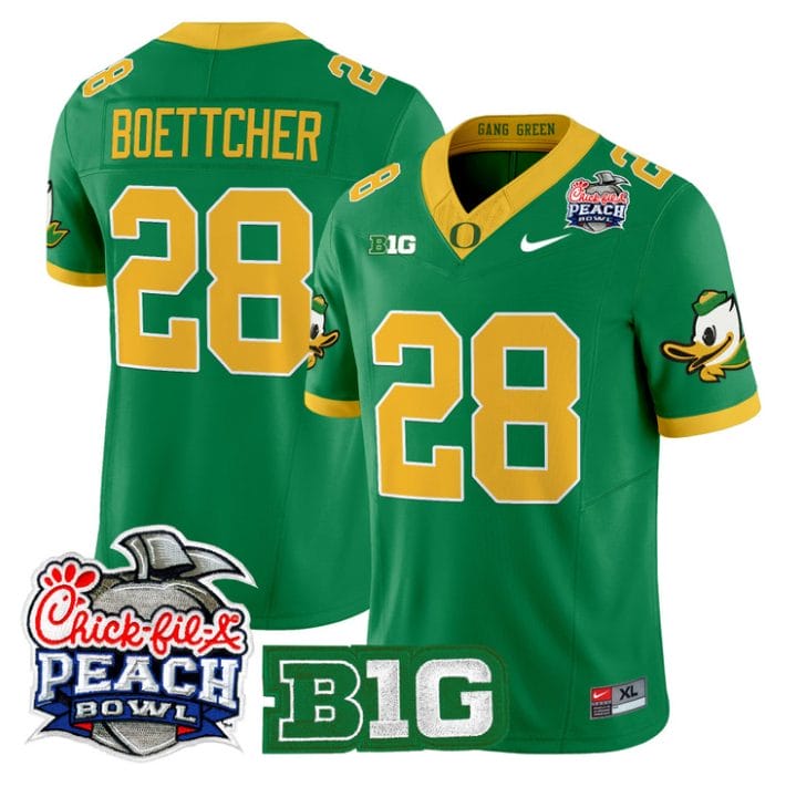 Alternative view of Bryce Boettcher Jersey #28 Oregon Ducks 2026 Peach Bowl Patch Stitched