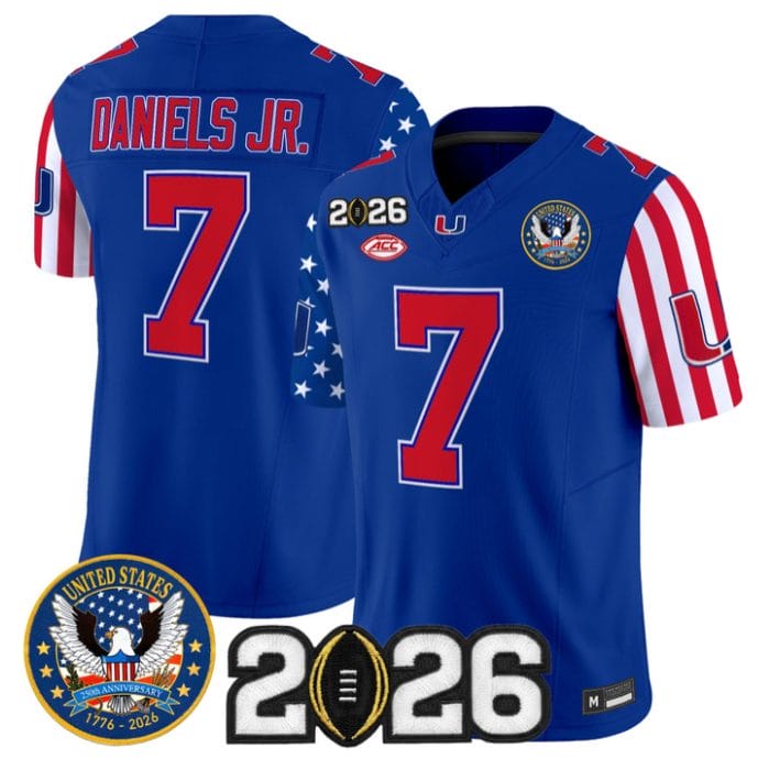 Alternative view of CJ Daniels Jersey #7 Miami Hurricanes America 250 Edition 2026 CFP Patch Stitched
