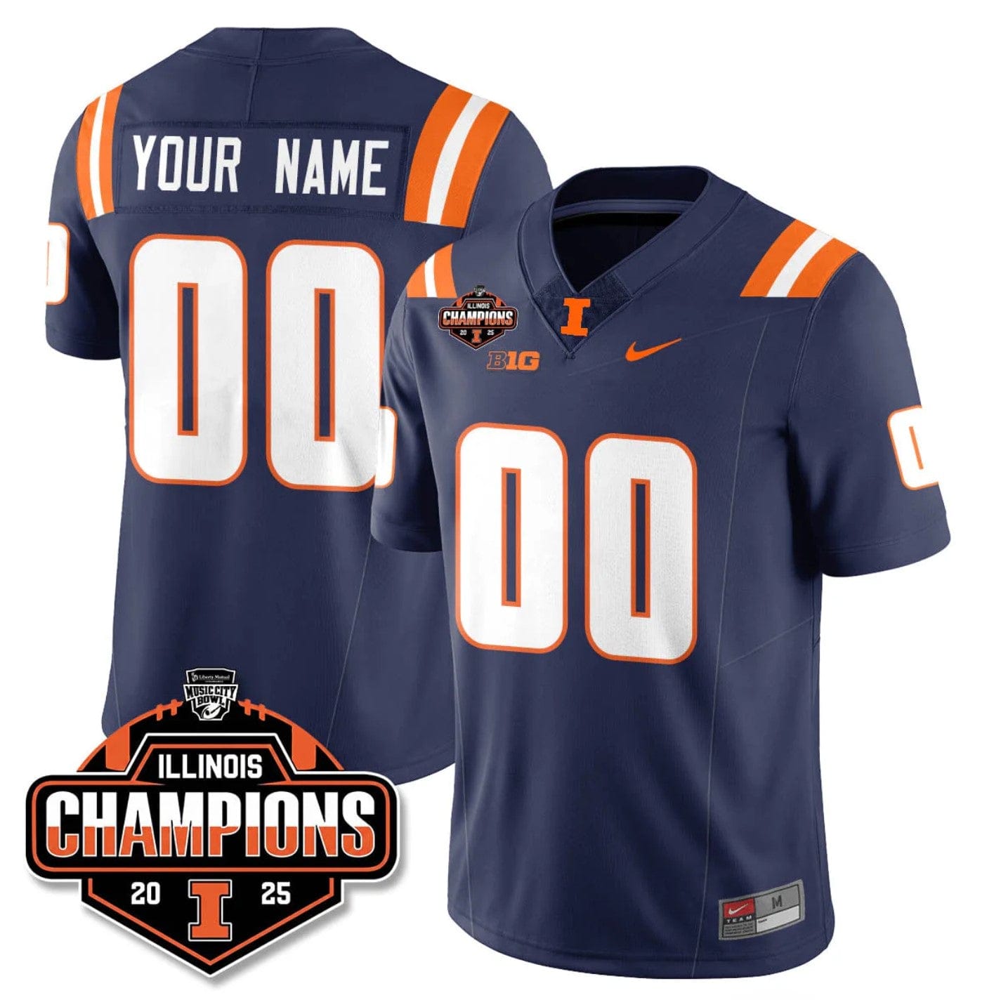 Custom Illinois Fighting Illini Jersey 2025 Music City Bowl Champions Stitched - Image 2