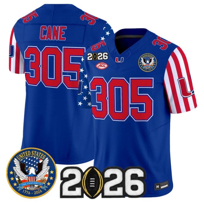 Alternative view of Cane Jersey #305 Miami Hurricanes America 250 Edition 2026 CFP Patch Stitched