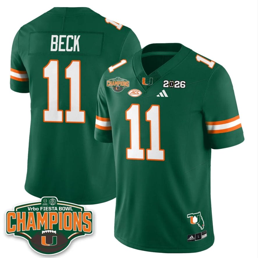 Alternative view of Carson Beck Jersey #11 Miami Hurricanes 2026 Fiesta Bowl Champions Stitched