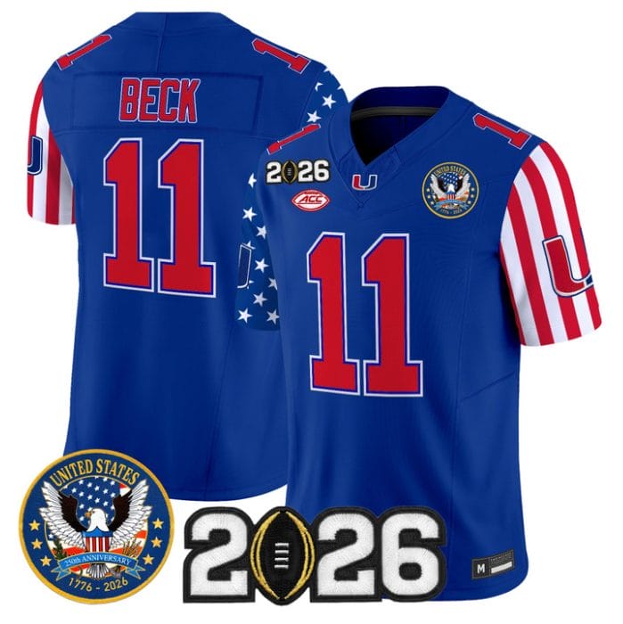 Alternative view of Carson Beck Jersey #11 Miami Hurricanes America 250 Edition 2026 CFP Patch Stitched