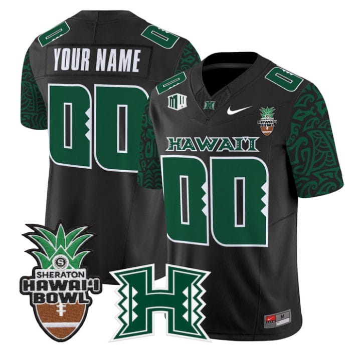 Custom Hawai'i Rainbow Warriors Jersey 2025 Hawai'i Bowl Patch Stitched Black Limited - Image 2