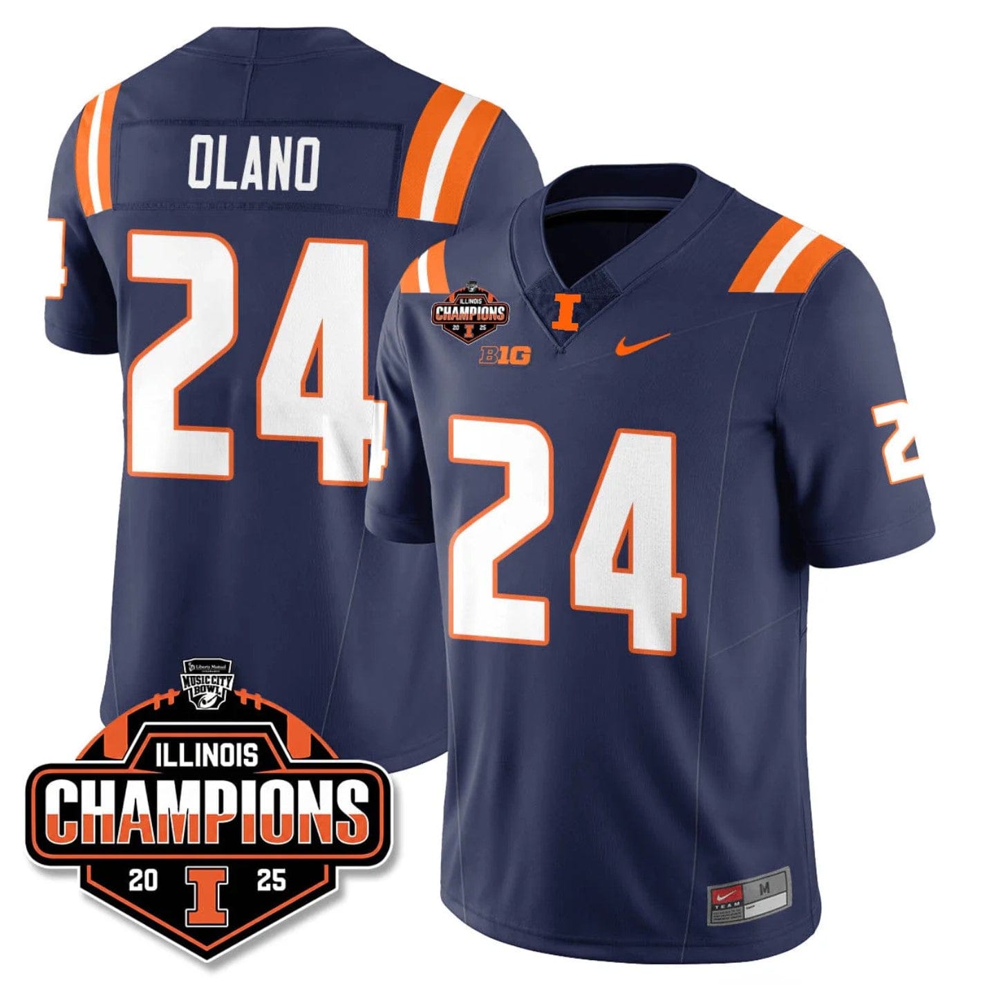 Alternative view of David Olano Jersey #24 Illinois Fighting 2025 Music City Bowl Champions Stitched