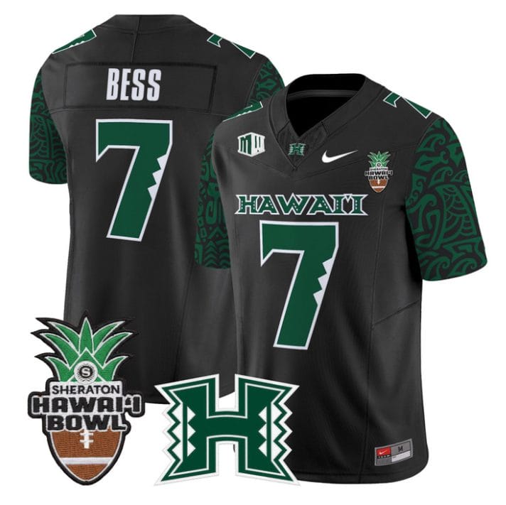 Alternative view of Davone Bess Jersey #7 Hawai'i Rainbow 2025 Hawai'i Bowl Stitched Black Limited