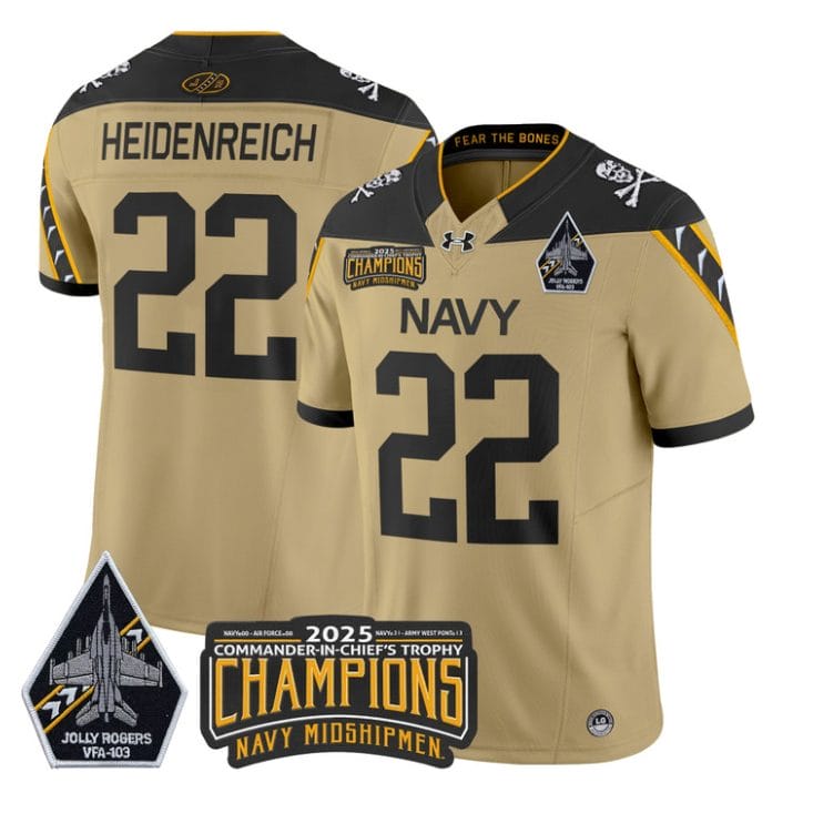 Eli Heidenreich Jersey #22 Navy Midshipmen Jolly Rogers 2025 Trophy Gold