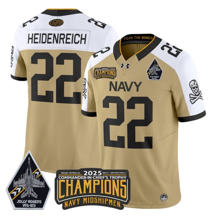 Eli Heidenreich Jersey #22 Navy Midshipmen Jolly Rogers 2025 Trophy Gold Alternate