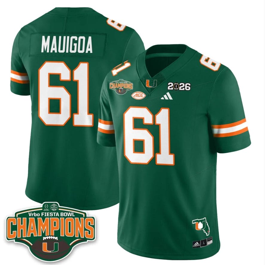 Alternative view of Francis Mauigoa Jersey #61 Miami Hurricanes 2026 Fiesta Bowl Champions Stitched