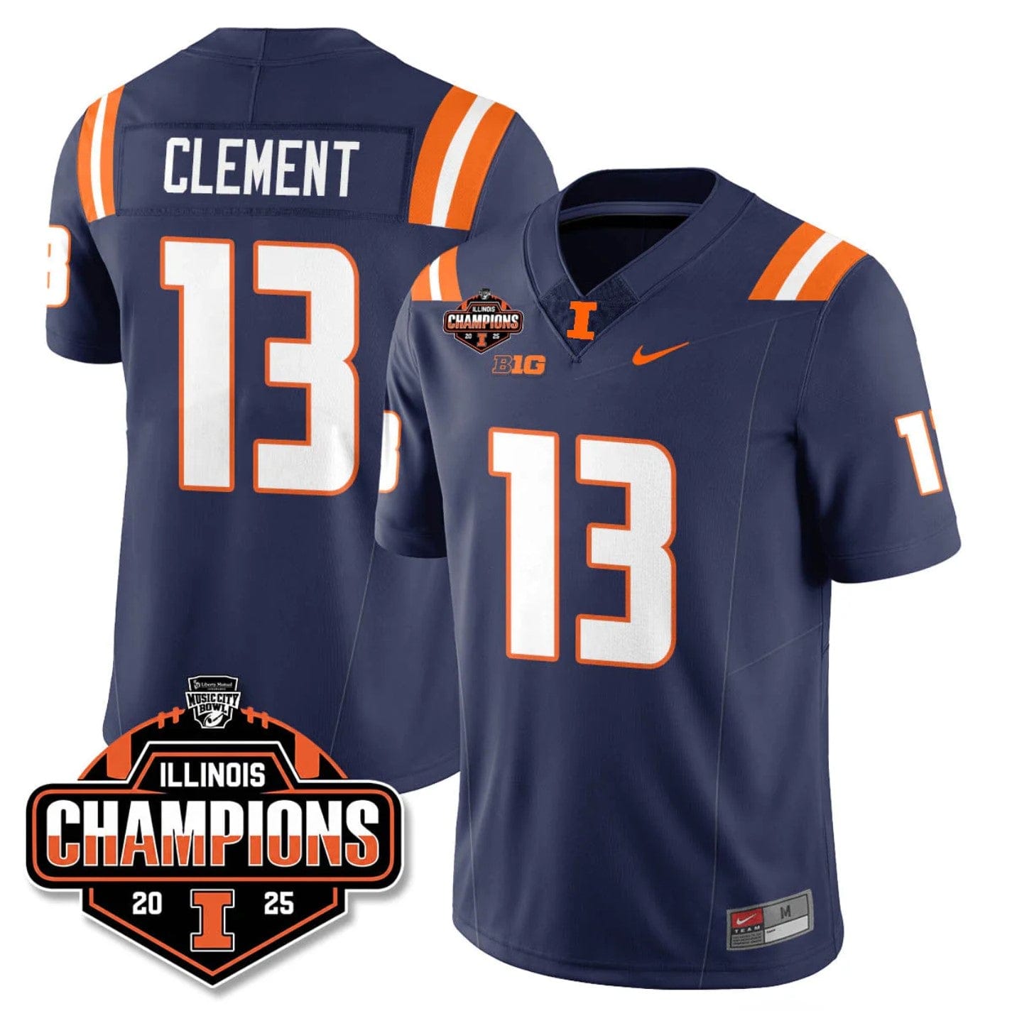 Alternative view of Hudson Clement Jersey #13 Illinois Fighting 2025 Music City Bowl Champions Stitched