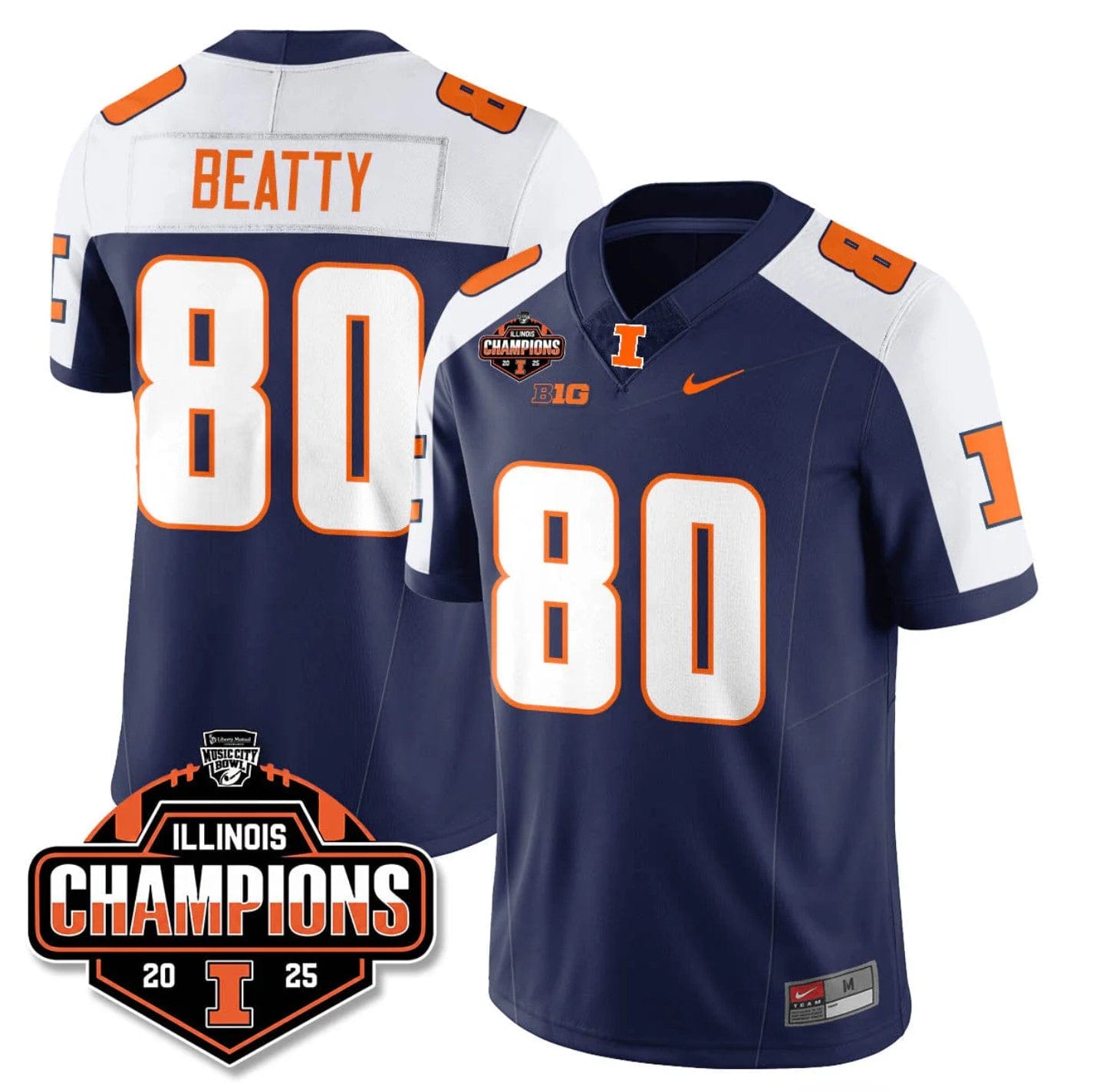 Hank Beatty Jersey #80 Illinois Fighting 2025 Music City Bowl Champions Stitched