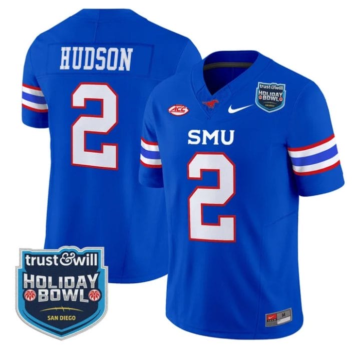 Jordan Hudson Jersey #2 SMU Mustangs 2026 Holiday Bowl Patch Stitched Blue