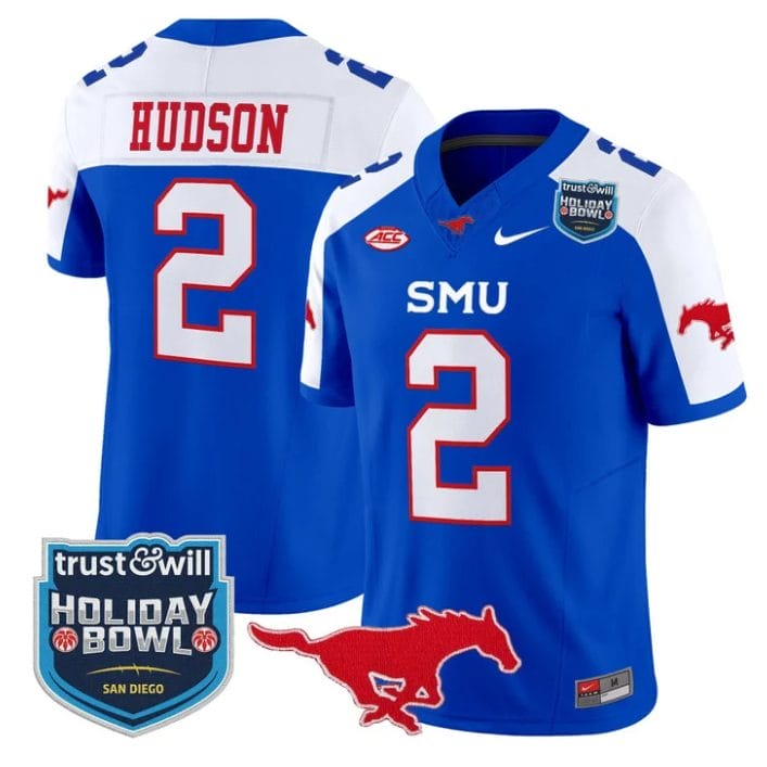 Jordan Hudson Jersey #2 SMU Mustangs 2026 Holiday Bowl Patch Stitched Blue Alternate
