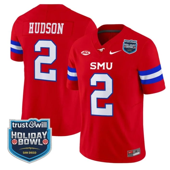 Jordan Hudson Jersey #2 SMU Mustangs 2026 Holiday Bowl Patch Stitched Red
